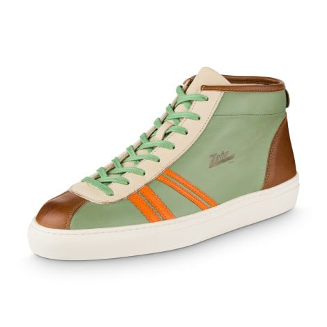 Trainer Ledersneaker in Minzgrün, Cognac und Orange